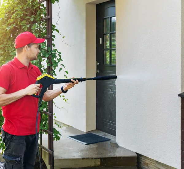 worker with high pressure washer cleaning house facade