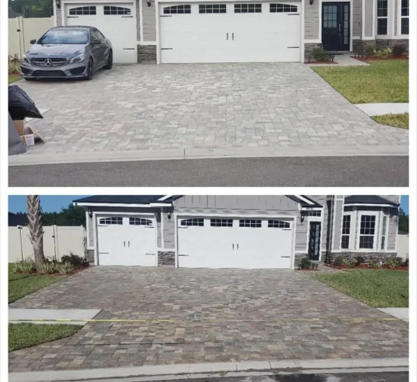 before and after paver cleaning and sealing in front of gray home wit and without gray car