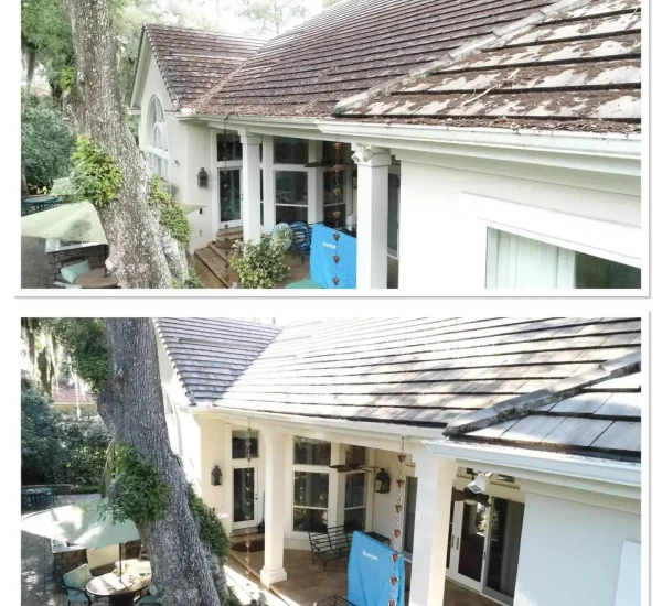 roof of white home before and after cleaning